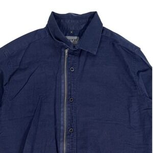 MUFTI Men's Navy Blue Linen Cotton Blend Zip Button Front Shirt Size M